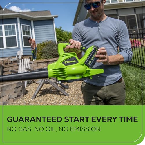 Image of Greenworks 40V (185 MPH / 340 CFM) Cordless Brushless Leaf Blower /Vacuum with Bag, Battery-Powered, Ergonomic Design for Efficient Leaf & Grass Clipping Cleanup, Includes 4.0Ah Battery & Charger
