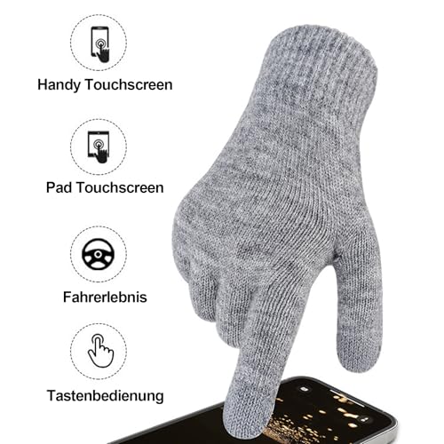 HOSPAOP Mütze, Schal & Handschuh-Sets für Damen 3 in 1 Set – Wintermütze Damen Beanie mit Bommel, Schal Damen Winter, Touchscreen Handschuhe, Wärmeset für Outdoor & Alltag, Grau