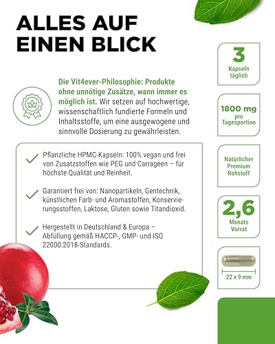 vit4ever Granatapfel Extrakt - 240 vegane Kapseln - Natürlicher Premium Extrakt mit 40% Ellagsäure - Hochdosiert - Vegan