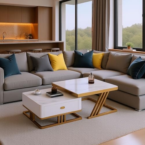 Image of RIZIK STORE Iron Frame Handmade Drawer Square Coffee Table /Nesting Table /Side Table /Center Table with Engineered Wood Top for Living Room /Drawing Room /Balcony (Gold- 24 inchx24 inch)