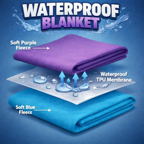 Premium Deluxe 100% Waterproof Blanket Guarantees to Keep Your Bed Dry! Crinkle-Free Ultra-Soft Fleece Furniture Protector for People Kids Pets. EZ Wash/Dry Purple/Blue Reversible 80x60