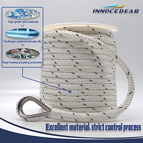 Innocedear Double Braided Nylon Anchor Rope(White Reflective, 3/8" X 100',1/2" 150') Anchor Line/Boat Anchor Rope With Stainless Steel Thimble, Quality Marine Rope, Boat Accessories #TOP2