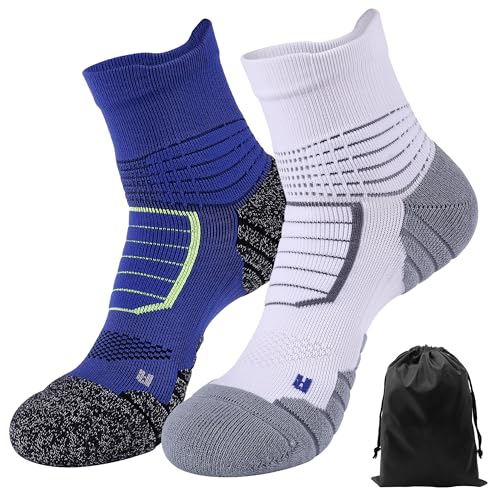 voofly Quarter Socks Men, 2 Pairs Cushioned Moisture-Wicking Anti-Blister Sports Compression Running Socks for Hiking Basketball Workout Blue White