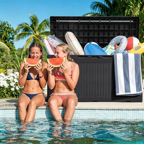 Image of Greesum 100 Gallon Resin Deck Box, Outdoor Storage with Cushion, Black