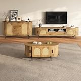 ZKLOEP 3-teiliges Wohnzimmerset, Couchtisch, TV-Schrank, Sideboard, Schiebetüren, Rattan-Optik, Holzoptik, Metallfüße, Stauraum, Natürlich