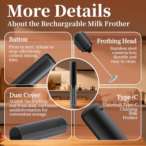 Electric Milk Frother Rechargeable with Cover, Portable Coffee Whisk Frother Black, Compact Electric Beverage Stirrer Wand for Latte, Cappuccino, Kitchen, Outdoor - image 6