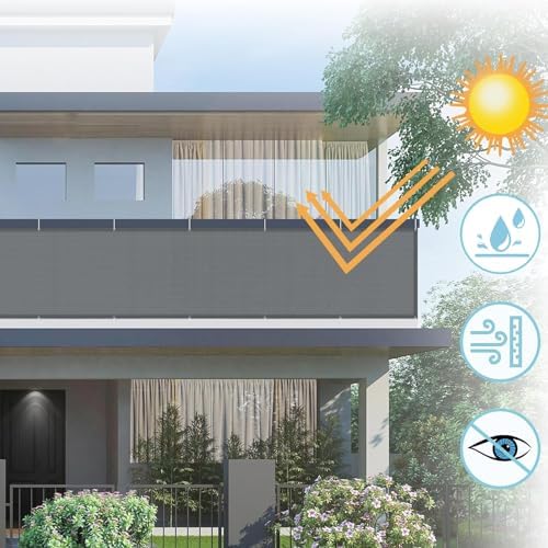 AXT SHADE Balcony Privacy Screen, Weatherproof, 90 x 600 cm, Balcony Cladding, Balcony Cover, Opaque, Wind Protection, UV Protection, with Cable Ties for Balcony Railing, Anthracite - View 4