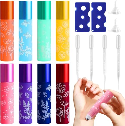 8 Flacon Roll on en Verre, Roll on Bouteille a un Bille en Acier Inoxydable, Bouteille Rolls on en Verre a 2Décapsuleur/4Compte-gouttes/2Entonnoir, Bouteilles à Rouleaux de 8 Couleurs(10ml/8.6*2*2cm)