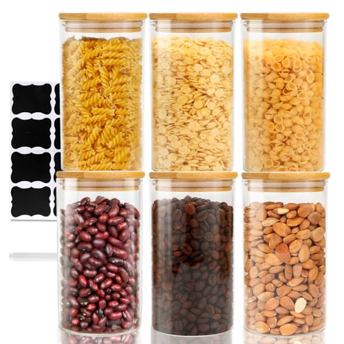 FoiiLiio Vorratsdosen Glas mit Holzdeckel 6er Set 750ML Vorratsgläser mit Deckel Rund Aufbewahrungsgläser Küche, Glasbehälter Luftdicht Set Vorratsbehälter Glas für Gewürze, Nuss, Körner, Aufbewahrung