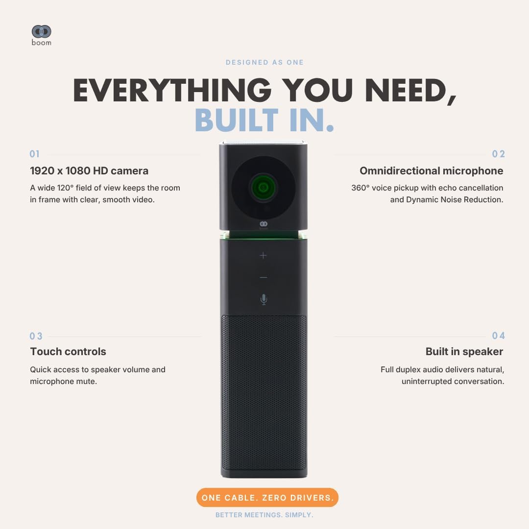Boom UNO Full HD 1080p Conference Camera with 120° Wide-Angle Lens, Full Duplex Speaker & Microphone, Noise-Canceling Audio, USB Plug & Play Video Bar for Meetings (Black)