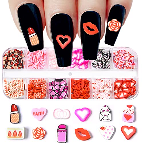 12 Color Valentine's Day Heart Nail Art Slices,3D Love Heart Lipstick Lips Shape Candy Colors Studs Design Nail Sequins Nail Glitter Flakes Charms Manicure Nail Romantic Decorations for Women Girl