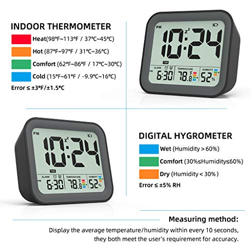 Battery Operated Digital Alarm Clock, Dual Smart Alarm with Workdays/Weekends Setting, Loud Alarm, Snooze, Small Travel Clock with Indoor Thermometer/Hygrometer, Dimmable LED Backlight, Handheld Size - Thumbnail 3