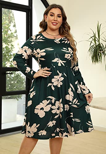 Image of Nemidor Women's Round Neck Long Sleeve Casual Plus Size Fit and Flare Midi Dress with Pocket NEM169
