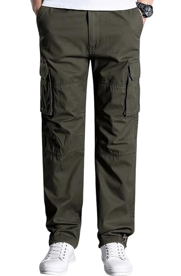 Image of DBAX Men's Olive Green Utility Cargo Pants | Multi Pocket Relaxed Fit Cargo Trousers | Durable Casual Streetwear Pants for Men