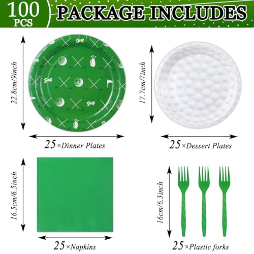 Image of Qyeahkj 100 Pcs Golf Party Supplies Golf Ball Disposable Plates and Napkins Set Green White Sports Themed Paper Plates Dinnerware Kit for Sports Birthday Baby Shower Party Decorations Favors Serve 25