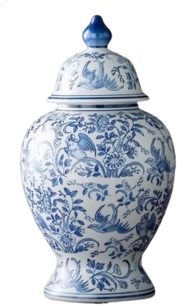 Food Storage Jar,Decorative Jar Ginger Jar Vase Decor Ginger Jar Blue White Porcelain Decorative Jar With Lid, Flower Pattern Ceramic Vase Centerpiece Décor Ginger Jars Sto,Blue-20.5*37Cm