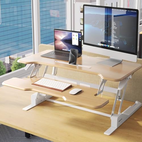 Image of Mount-It! Height Adjustable Standing Desk Converter, 38 inch Wide, Desk Riser for 2 Monitors, Manual Gas Spring Sit Stand Desktop Raises to 16.9 inch, Fits Two Monitor Screens with Keyboard Mouse Tray Maple