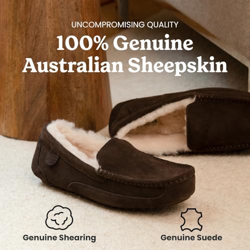 Image of Fireside By Dearfoams Men's Melbourne Genuine Shearling Moccasin Slippers, Memory Foam Sudede Loafers Slip-in House Shoes