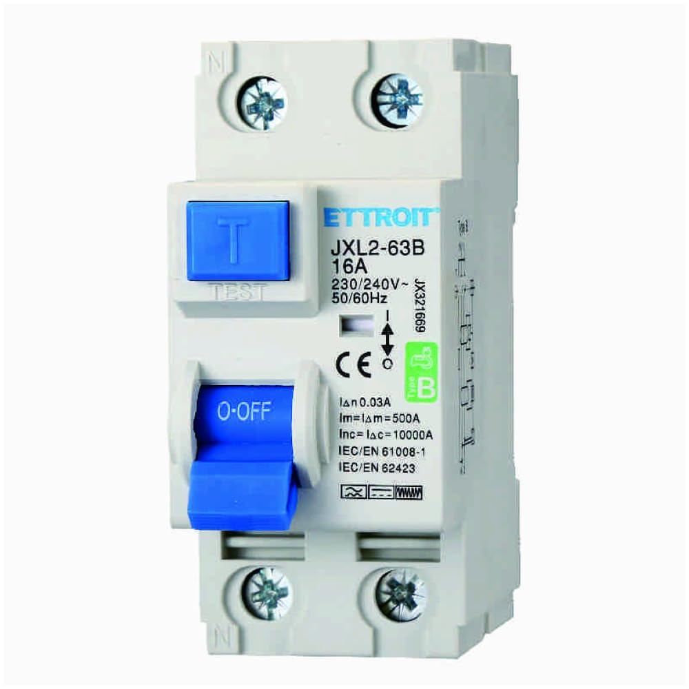 Interruttore magnetotermico differenziale puro 2P, 2 moduli, 230V AC/DC, 16A, 30mA, 6KA, curva B - Ettroit JX321669