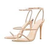 LISHAN Women's Round Open Toe Diamond Studded High Heels Rhinestone Heeled Sandals Slingback Sandals Ankle Buckle Stilettos Heels Party Three Straps Shoes Gold Size 11