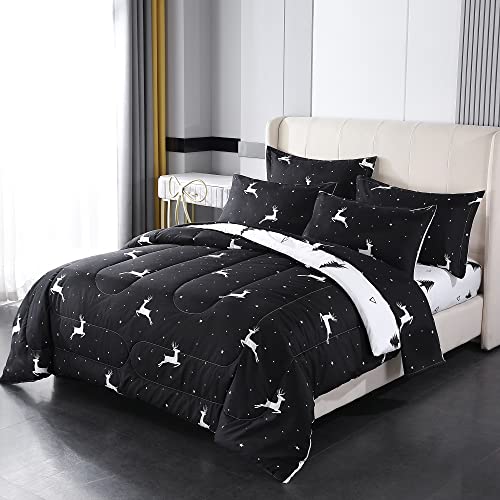 Mengersi Weihnachtsbett in einer Tasche, 7-teiliges Bettdecken-Set, Weihnachts-Hirschbaum-Bettwäsche-Set, Bettlaken, Spannbetttuch und Kissenbezüge, schwarz und weiß Bettwäsche-Sets (Hirsch, Queen) Cover