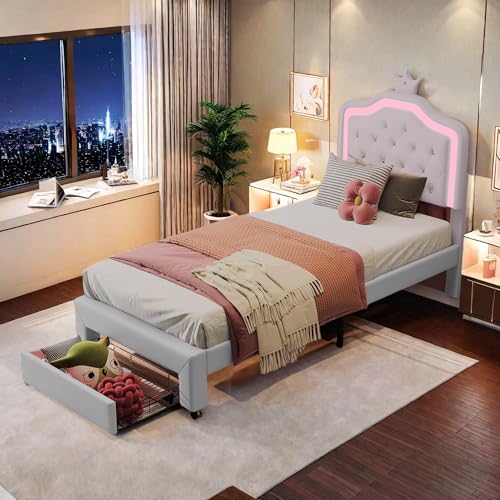 Dormely Lit Simple 90 x 200, Cadre de lit pour Fille avec tiroir, Lit rembourré avec Lampes LED et sommier à Lattes et Dossier, PU, Blanc, sans Matelas