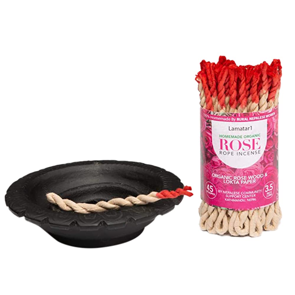 Rope Incense Burner with Organic Rose Rope Incense 45 Pcs - 3.5 inch Long Each