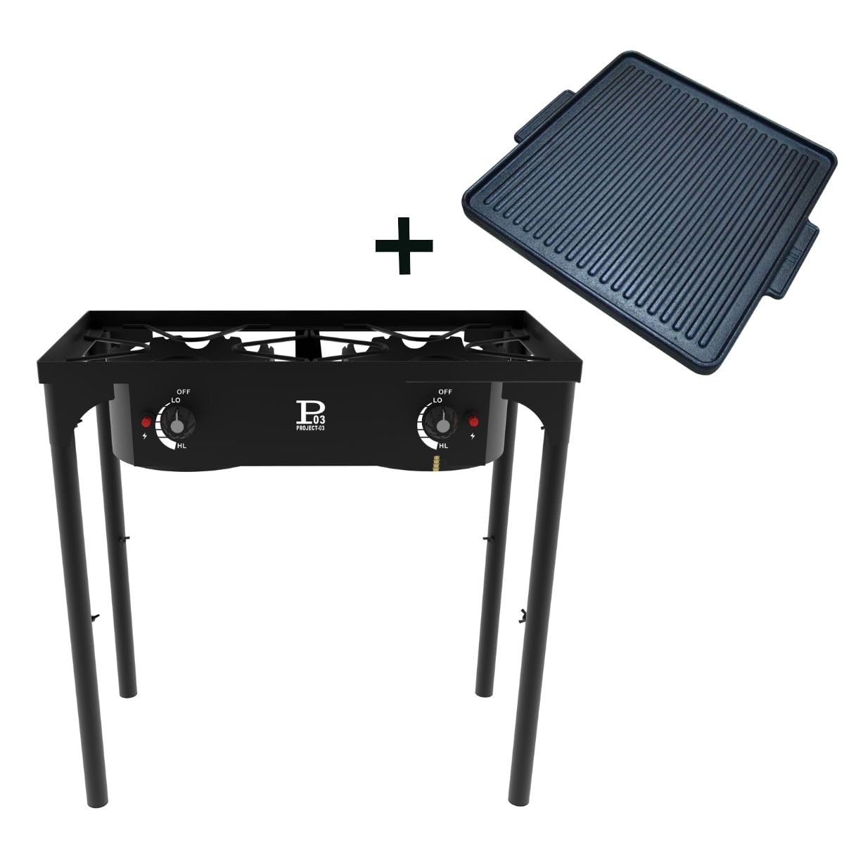 INTEC - Fornello a gas 2 fuochi Barbecue grill 9 kW 2 in 1: 2 bruciatori in ghisa + 1 piastra grill ghisa, 3 altezze modulabili Piezo