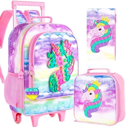 WZLVO 4PCS Rolling Backpack for Girls, Kids Unicorn Roller Backpa...