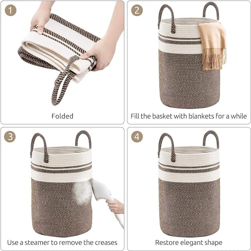 Image of Jute Cotton Rope Laundry Basket with Handles, Large Tall Clothes Hamper for Bedroom, Baby Nursery, Bathroom, Laundry Room & Home Storage Organizer (14x18 Inch, Beige Black)