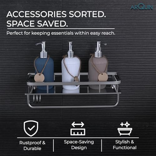 Image of ARQUIN Bathroom Shelf Multipurpose Wall Shelf Stainless Steel I Wall Mount Bathroom Storage Organizer | Towel Hook Racks and Shelves I Bathroom Accessories Set Shelves Silver 15x5 Inch