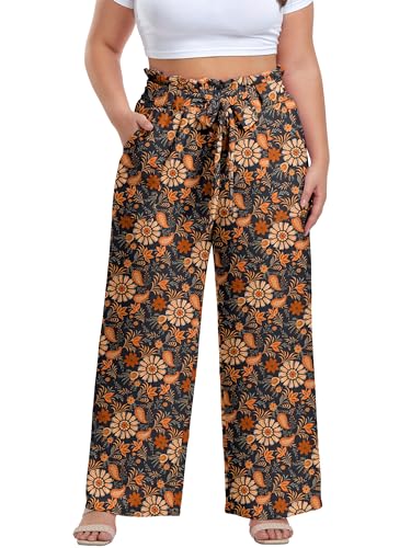 Image of OLRIK Women's Plus Size Pants Adjustable High Waisted Wide Leg Palazzo Pants Casual Trousers with Pockets Spring Clothes