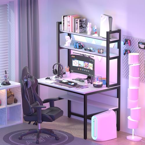 Image of Aquzee Computer Desk with Shelves, 47 inch W x 23.6 inch D Gaming Desk with Hutch and Bookshelf, White Study Table for Bedroom Space Saving with 3 Tier Storage Shelf, Home Office Desk for Writing Work