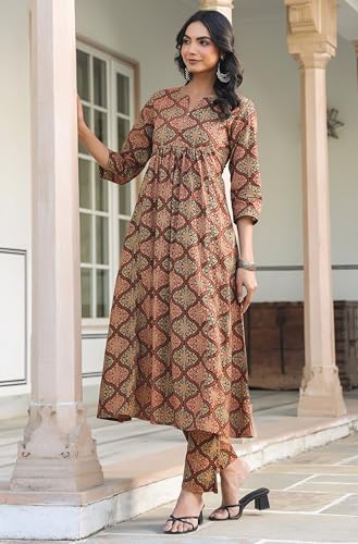 Image of Janasya Brown Pure Cotton Kurta & Pant Set for Women Ethnic Motifs Print Ethnic Wear