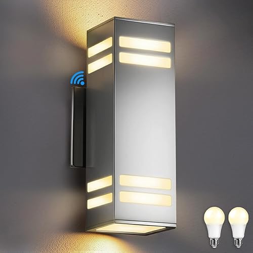 Miniatura 10 de SHlMR - Paquete de 2 luces de porche con sensor de movimiento, lámpara de exterior del atardecer al amanecer, montaje de pared con bombillas