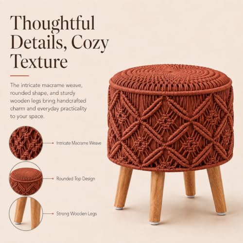 Image of Macrame Ottoman for Living Room | Handcrafted Woven Foot Rest Stool with Solid Wooden Legs | Pouffe for Sitting, Foot Stool for Bedroom & Home Decor | 16x16x18 Inch (Rust)