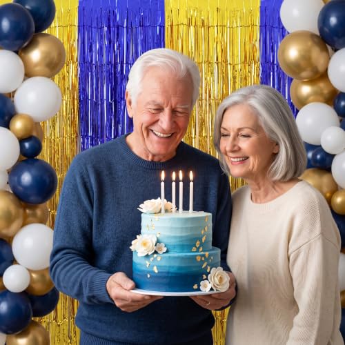 Image of TONIFUL Blue Gold Foil Fringe Curtains 2 Packs 3.3 x 6.6 ft Metallic Tinsel Streamers Backdrop for Birthday Graduation Engagement Retirement Sports Party Baby Shower 50th Anniversary Decorations