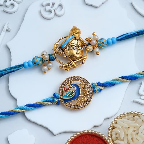 Image of eCraftIndia Lord Krishna Playing Flute Peacock Designer Rakhi Set of 2 | Rakhi for Brother Bhaiya Bhai with Best Bro Ever Fridge Magnet | Roli Chawal Pack