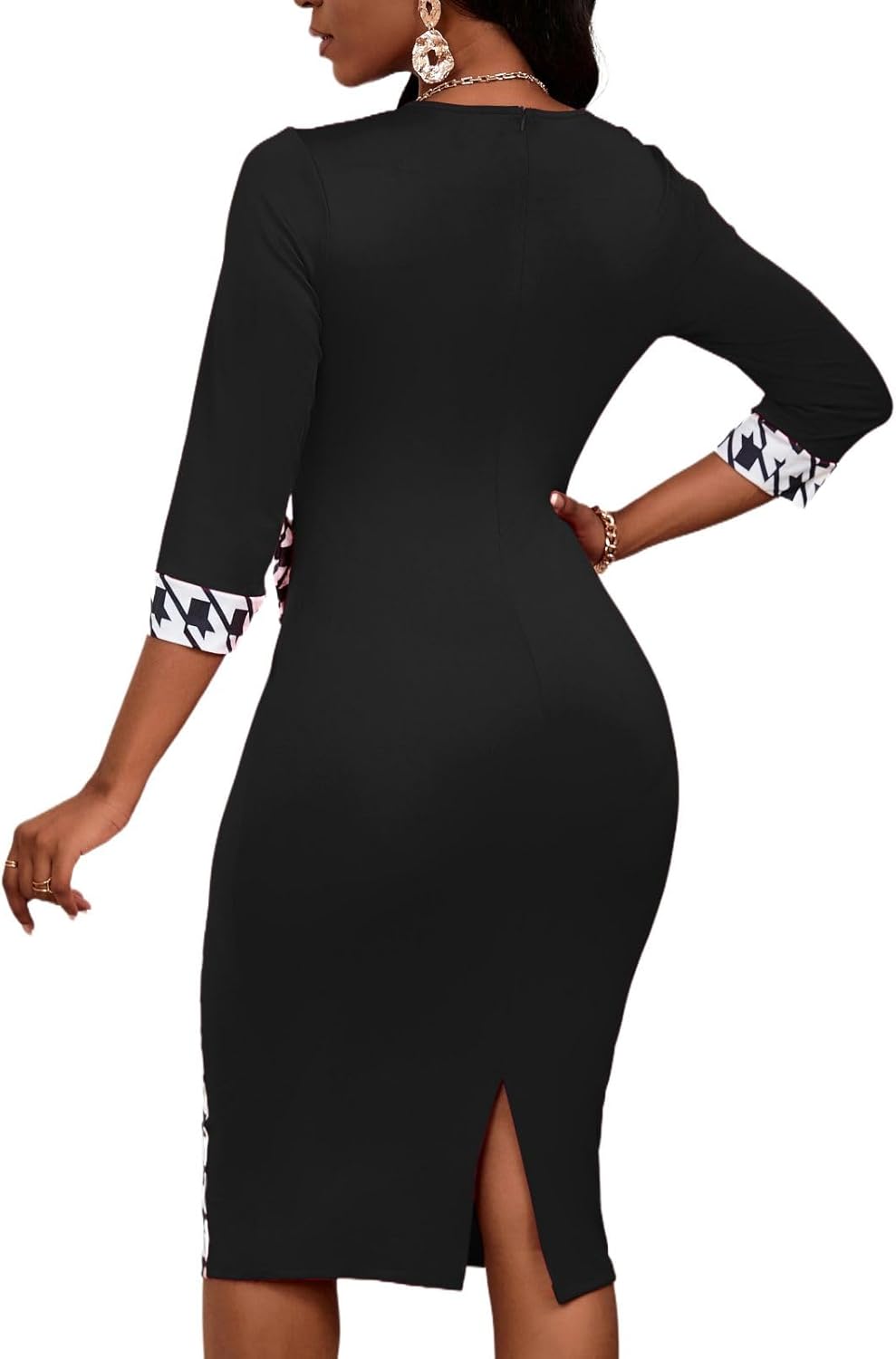 Women's 3/4 Sleeve Round Neck Casual Houndstooth Bodycon Wear to Work Pencil Sheath Midi Dresses - Image 4