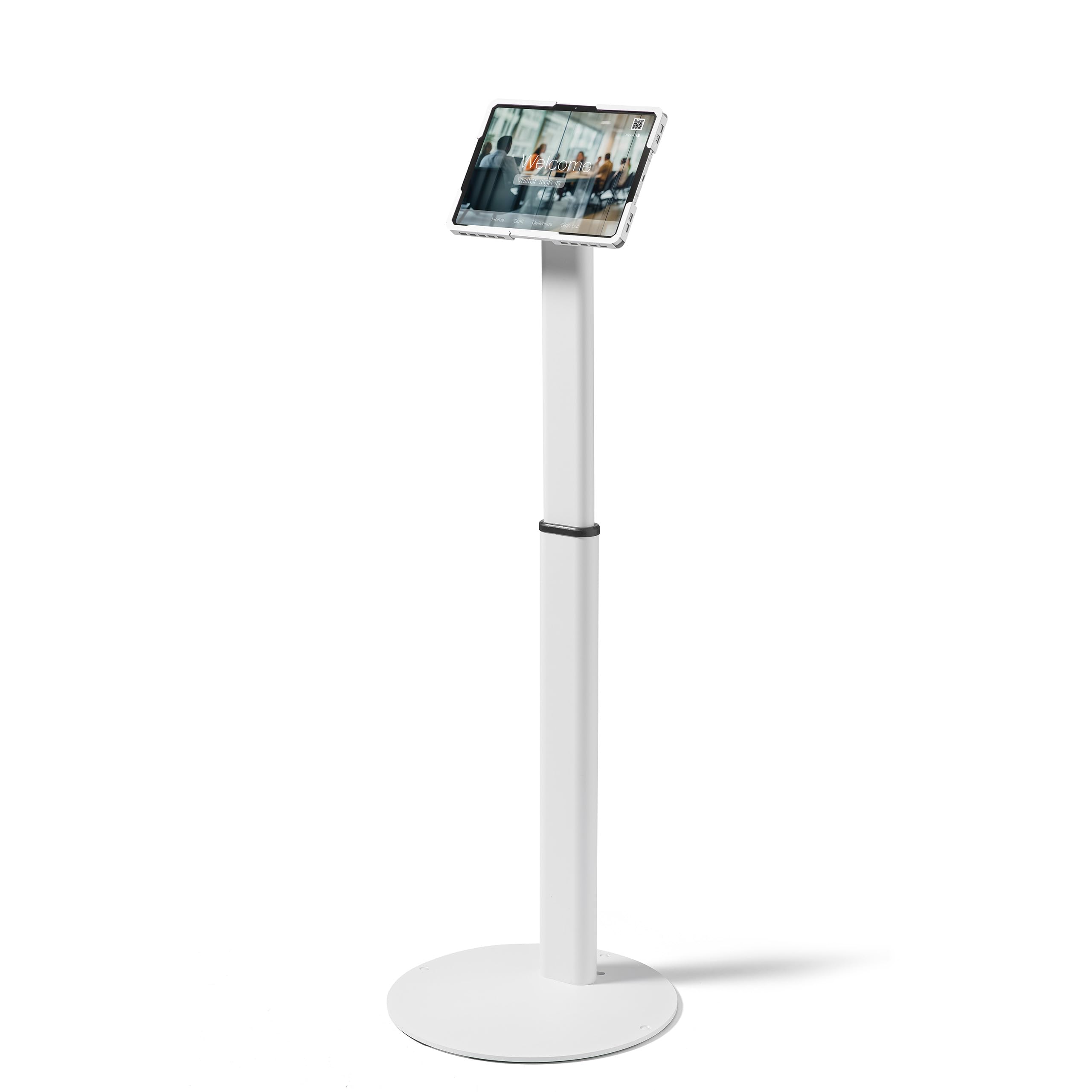 Supporto da pavimento universale per tablet regolabile 70–120 cm – per iPad e tablet 10–13 pollici – girevole, inclinabile, base stabile in metallo, gestione cavi, bianco