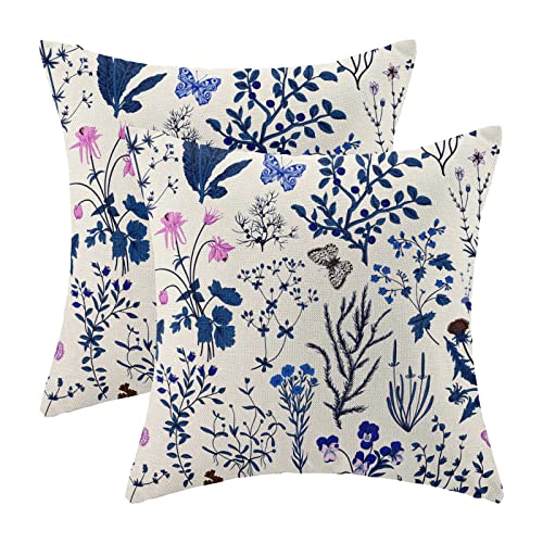 Image of AEIOAE Summer Pillow Covers 18x18 Inch Set of 2,Navy Blue Wild Flower Plant Throw Pillows Case,Seasonal Floral Outdoor Decorative Square Linen Farmhouse Decor Cushion Covers for Home Sofa Bed Couch