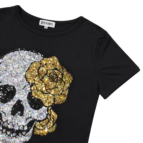 Image of PESION Womens Short Sleeve T-Shirt Sequined Tops O-Neck Funny Graphic Tees Blouse