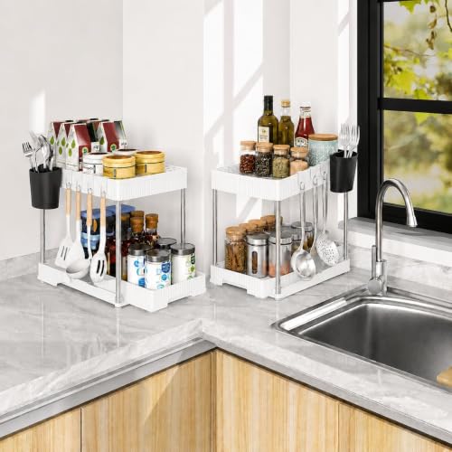 Image of Xmart India 2 Tier Under Sink Organizer, Pull Out Cabinet Storage Rack with Sliding Drawers & Hooks, Kitchen Cabinet Organizer, Bathroom Storage Shelf, Pantry & Laundry Organizer (2, White)