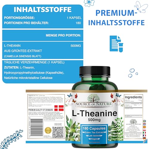 L-Theanin 500 mg – 180 Vegane Kapseln – Hochdosierte Aminosäure aus Grüntee | 6-Monatsvorrat | 98% Rein, Keine Zusatzstoffe | Hergestellt in Dänemark