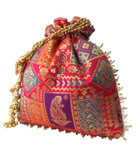 Image of MILAN'S CREATION Potli Banarasi Silk Brocade Bag Purse Drawstring Women's handbag with Pearl Handle & Tassel Weddings