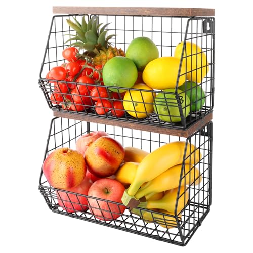 LOPYXBR Lot de 2 Corbeille a Fruit, Panier a Fruit de Mural, Cuisine Basket Avec un Couvercle en bois, Corbeilles à Fruits Pour Rangement Legumes, Fruits et...