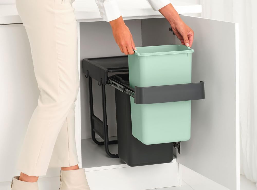 Brabantia Sort & Go Pull Out Trash Can | 2 x 4 Gal Built-in Under Kitchen Sink Cabinet Garbage Can | Integrated Double Sliding Recycling Unit, Smooth Rails, Removable Buckets | Gray & Green