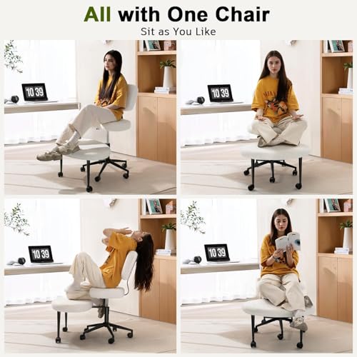 Image of Waleaf Ergonomic Cross Legged Office Chair, ADHD Chair for Adults, Height Adjustable Meditation Chair with Wheels, Teddy Fabric Yoga Kneeling Chairs with Comfortable Back Support (White)