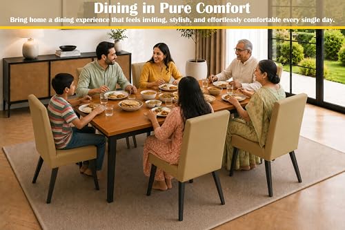 Image of Rosebell 6 Seater Dining Table Set with Cushioned Chairs | Modern Dining Table for Home, Dining Room & Kitchen | Black Metal Legs | Golden