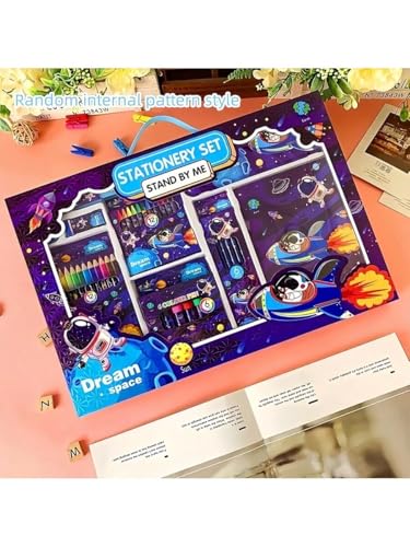 Image of WISHKEY 41 Pieces Space Theme All-in-One Stationery Set Stationery Items with Pencil Box Notebook Scale Eraser Sharpener Crayons Color Pencils Color Pens Pencils Return Gift for Birthday Kids Blue 6+